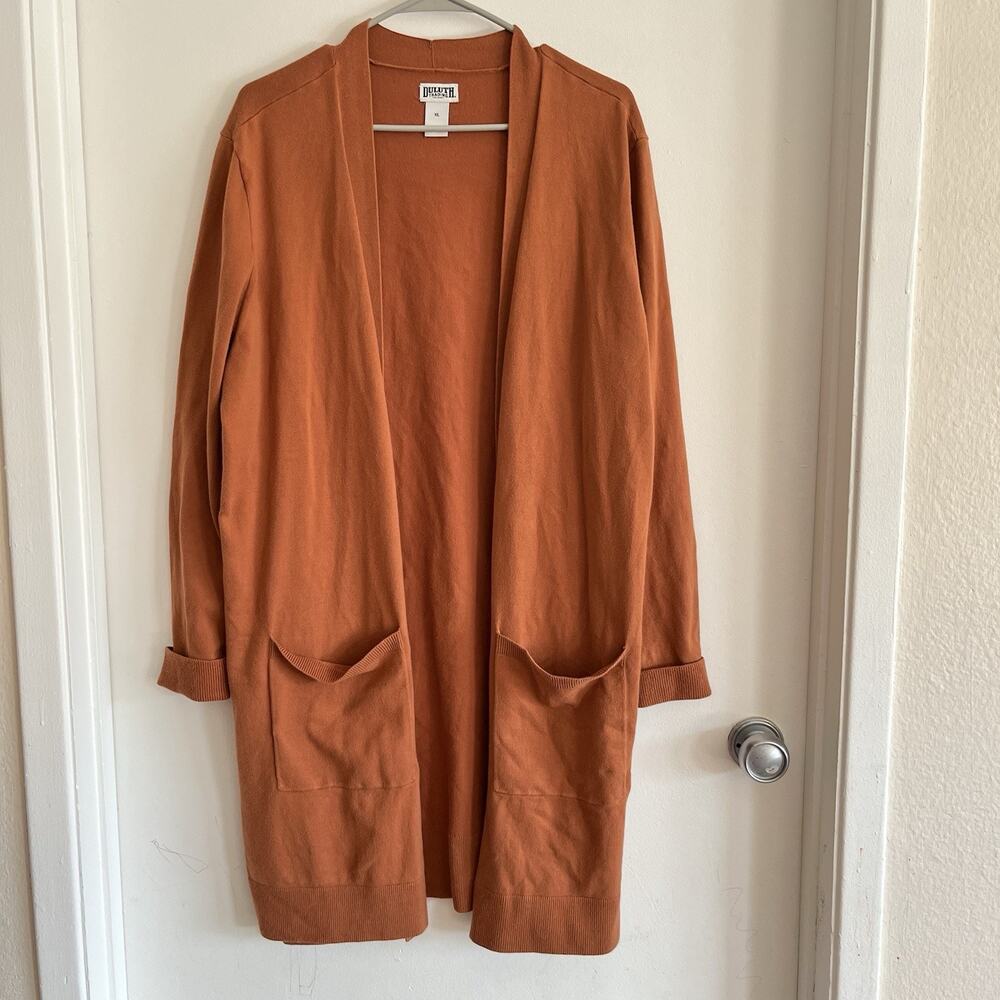 Duluth Trading Womens XL Cardigan Open Front Long Gray Orange Pockets